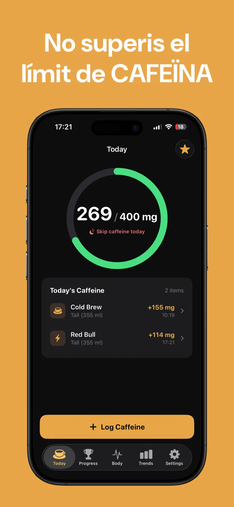 No superis el límit de CAFEÏNA — Cafeïna Tracker a l'iPhone mostrant la cafeïna corporal en directe contra el límit diari