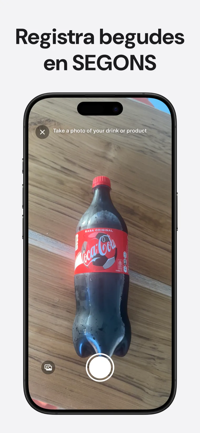 Registra begudes en SEGONS — Cafeïna Tracker mostrant opcions de registre per foto, codi de barres i veu