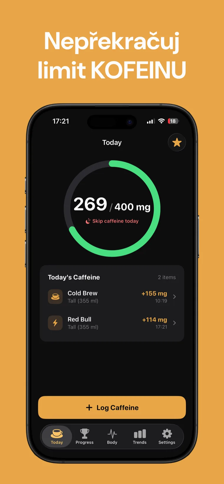 Nepřekračuj limit KOFEINU — Kofein Tracker na iPhonu ukazuje živou hladinu kofeinu v těle oproti dennímu limitu