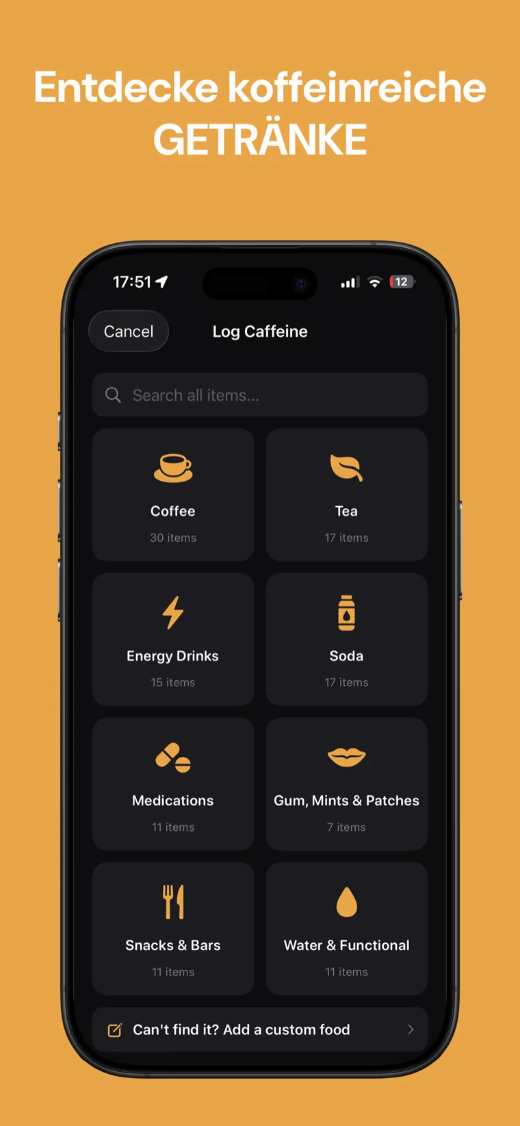 Entdecke koffeinreiche GETRÄNKE — Getränkebibliothek des Caffeine Trackers mit Koffeingehalt pro Portion.