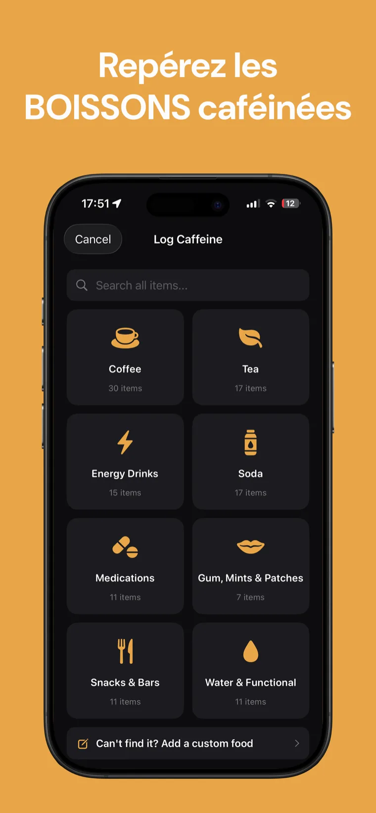 Repérez les BOISSONS caféinées — Bibliothèque de boissons de Caféine Tracker affichant la teneur en caféine par portion