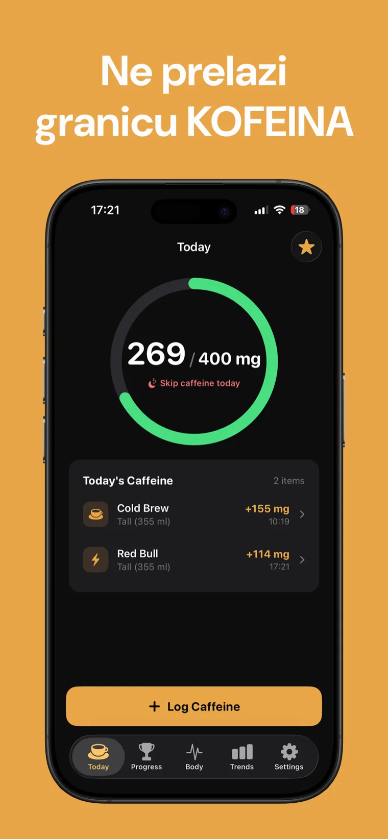 Ne prelazi granicu KOFEINA — Kofein Tracker na iPhoneu prikazuje kofein u tijelu uživo u odnosu na dnevni limit