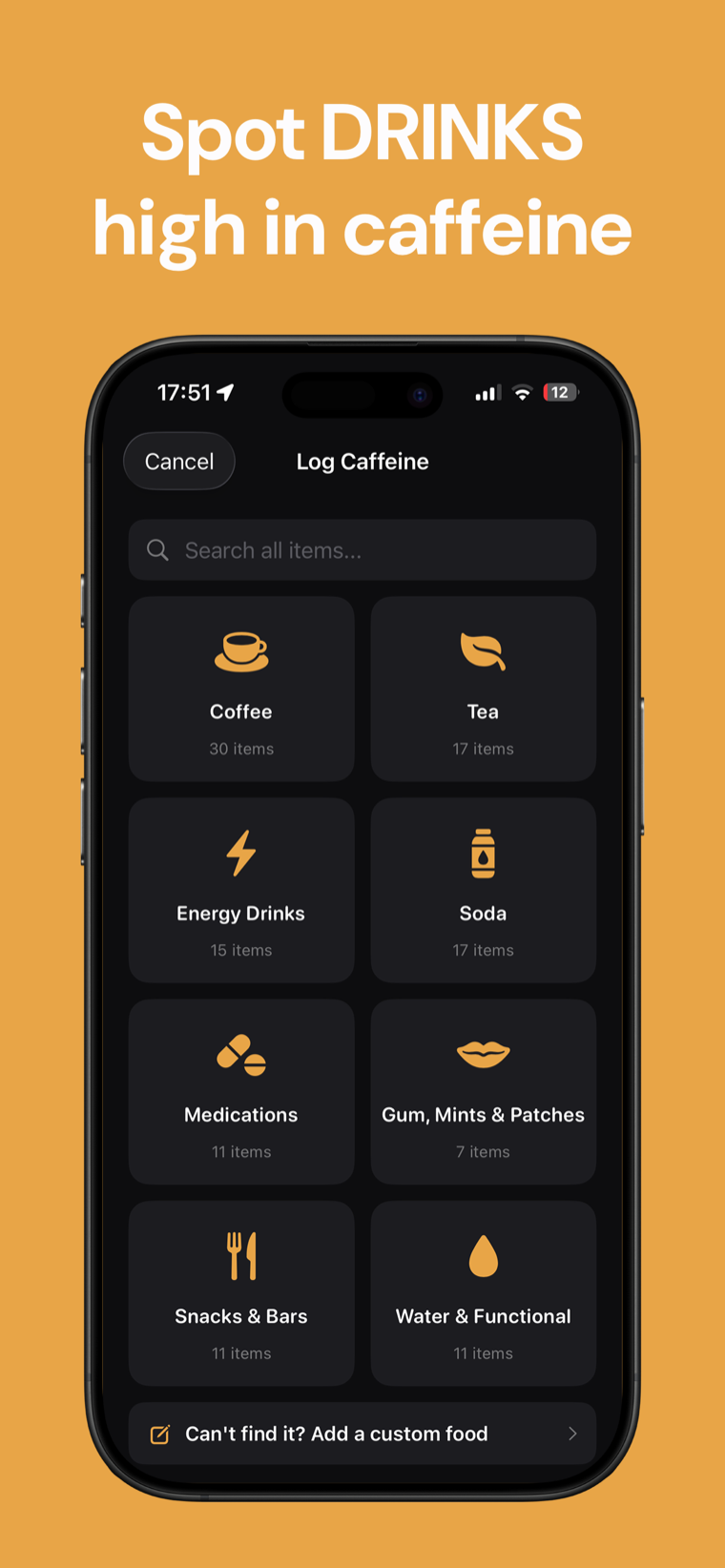 Spot drinks high in caffeine — Caffeine Tracker drink library showing caffeine content per serving