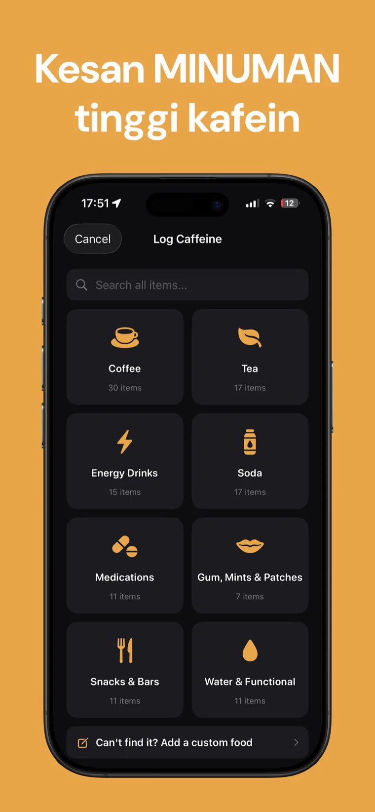 Kesan MINUMAN tinggi kafein — Perpustakaan minuman Kafein Tracker menunjukkan kandungan kafein setiap hidangan