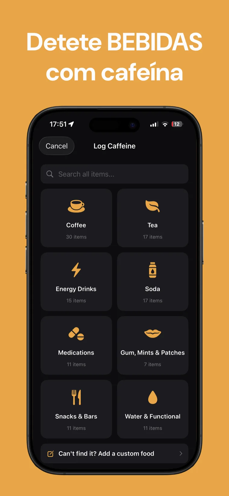 Detete BEBIDAS com cafeína — Biblioteca de bebidas do Cafeína Tracker a mostrar o teor de cafeína por dose