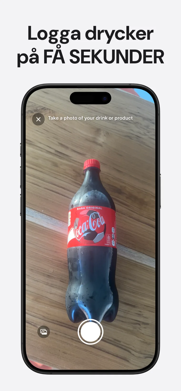 Logga drycker på FÅ SEKUNDER — Koffein Tracker som visar alternativ för foto-, streckkods- och röstloggning
