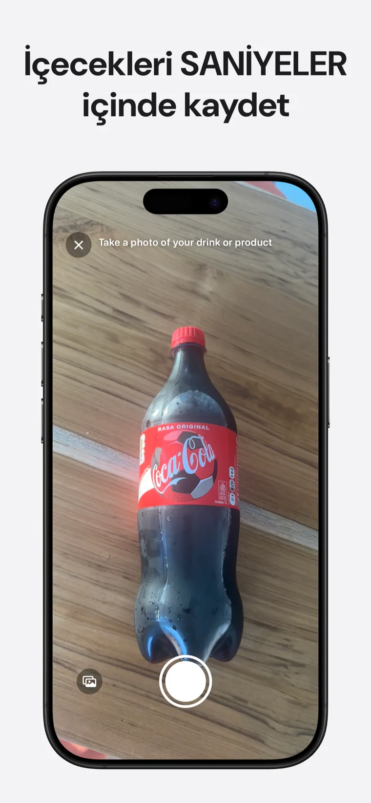 İçecekleri SANİYELER içinde kaydet — Fotoğraf, barkod ve ses kayıt seçeneklerini gösteren Kafein Tracker