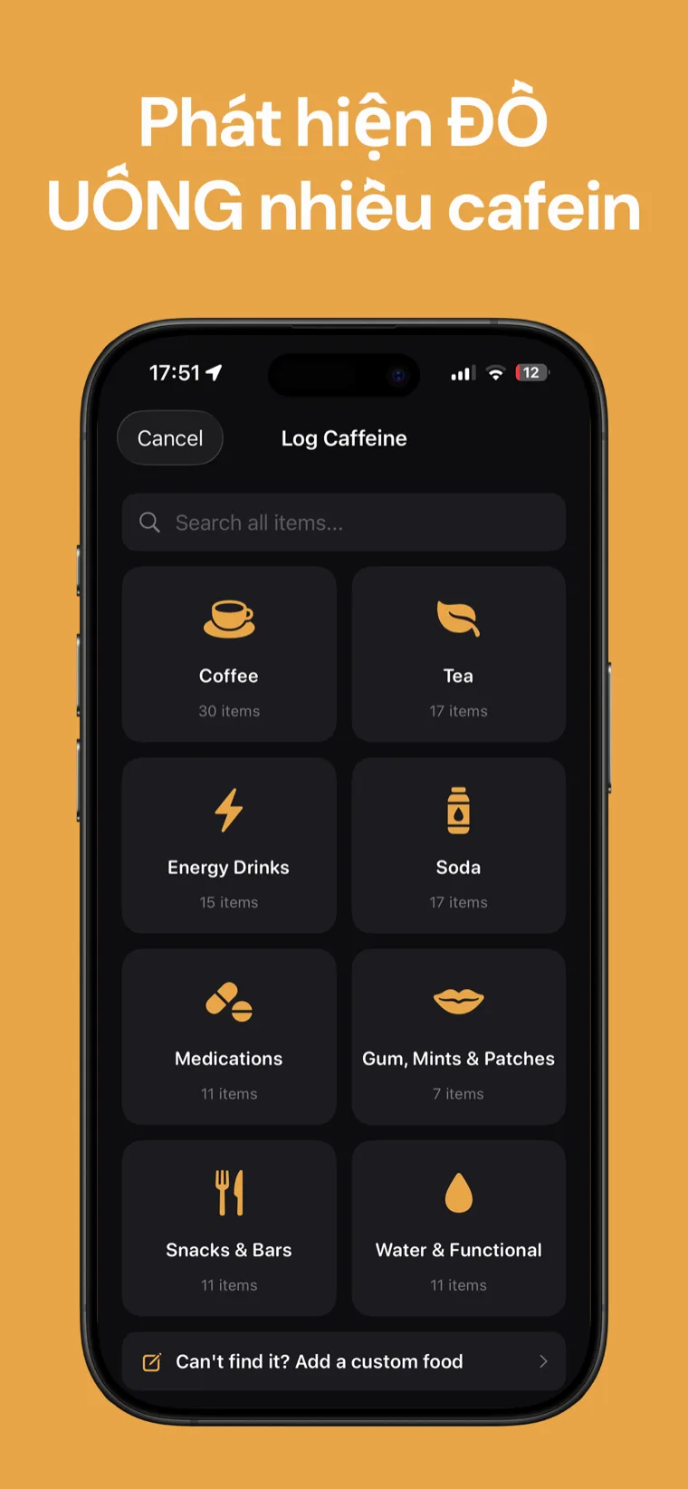 Phát hiện ĐỒ UỐNG nhiều cafein — Thư viện đồ uống của Caffeine Tracker hiển thị hàm lượng caffeine mỗi khẩu phần